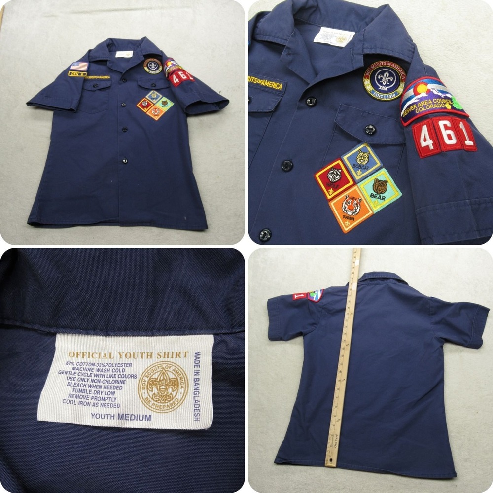Boy Scouts of America Shirt Youth Medium Blue Short Sleeve Denver Patches VTG